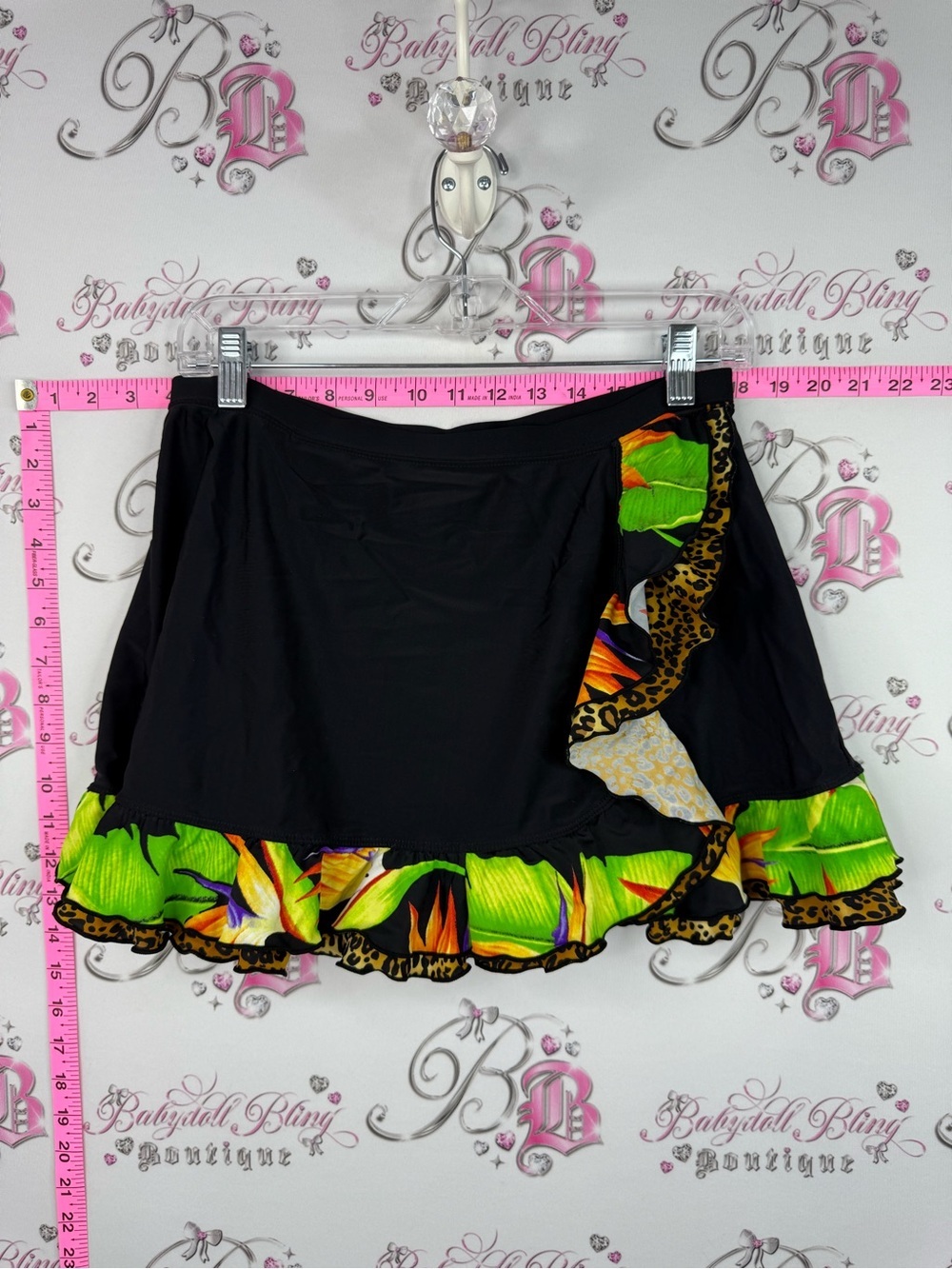 Mini skirt bathing suit y2k Women's Black Skirt with Tropical Green Ruffle Trim
